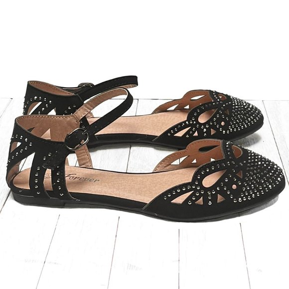 New Women Black Rhinestone Mary Jane Ballet Flats - Picture 1 of 7